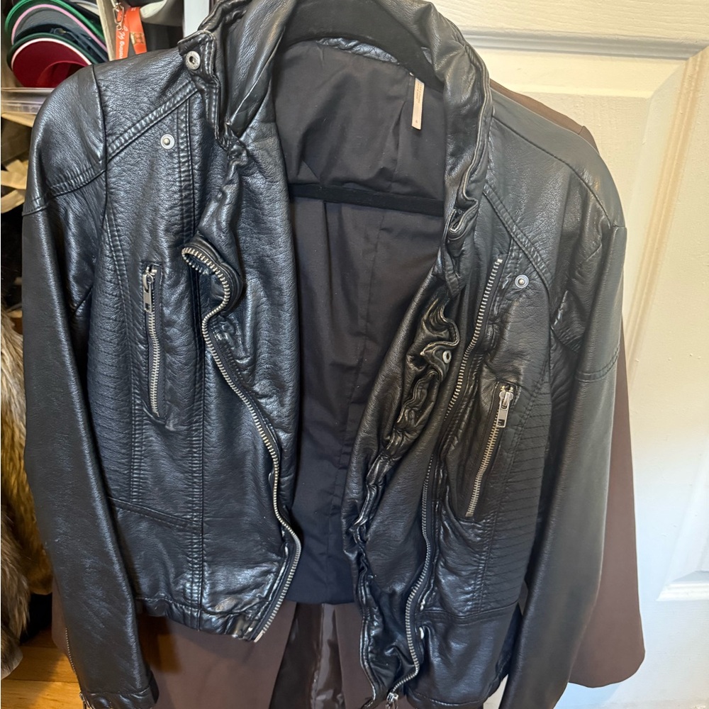 Black Faux Leather Jacket with Zipper Details